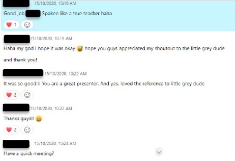 Screenshot of a Webex chat showing students providing positive and constructive feedback to peers about their presentations to complement formal feedback.